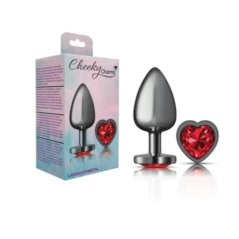 Cheeky Charms Gunmetal  Butt Plug w Heart Red Jewel Large Cheeky Charms Discreet Intimate Essentials.