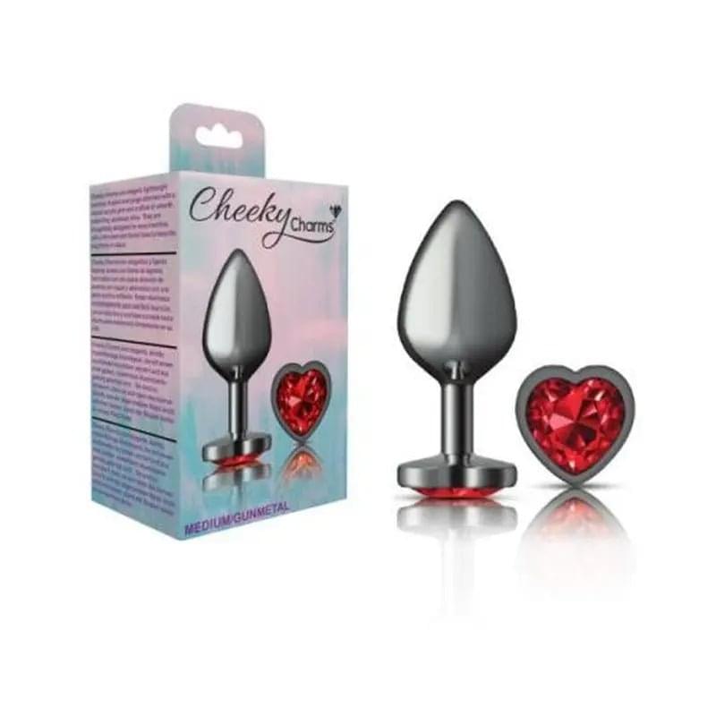 Cheeky Charms Gunmetal  Butt Plug w Heart Red Jewel Medium Cheeky Charms Discreet Intimate Essentials.