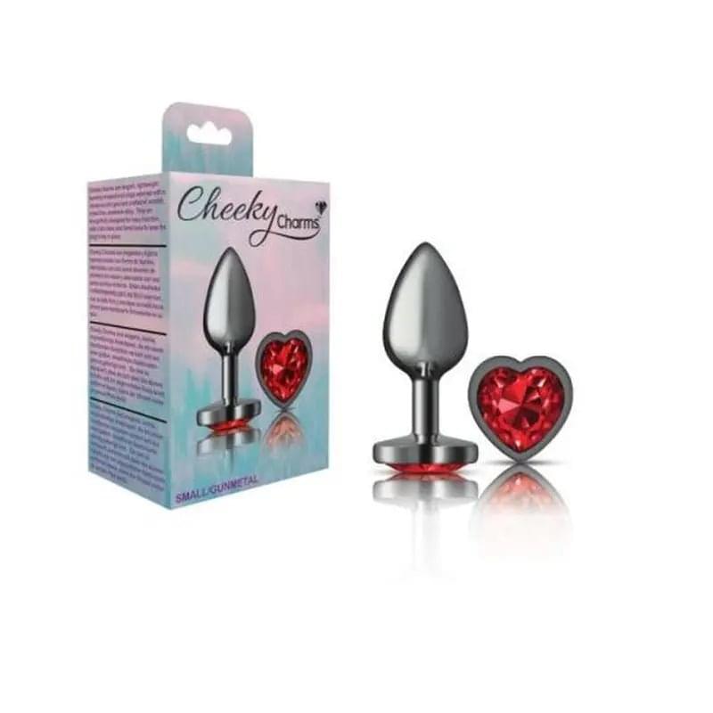 Cheeky Charms Gunmetal  Butt Plug w Heart Red Jewel Small Cheeky Charms Discreet Intimate Essentials.