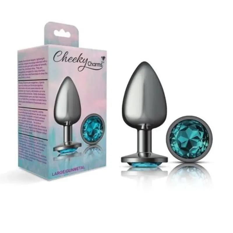 Cheeky Charms Gunmetal Round Butt Plug w Teal Jewel Large Cheeky Charms Discreet Intimate Essentials.