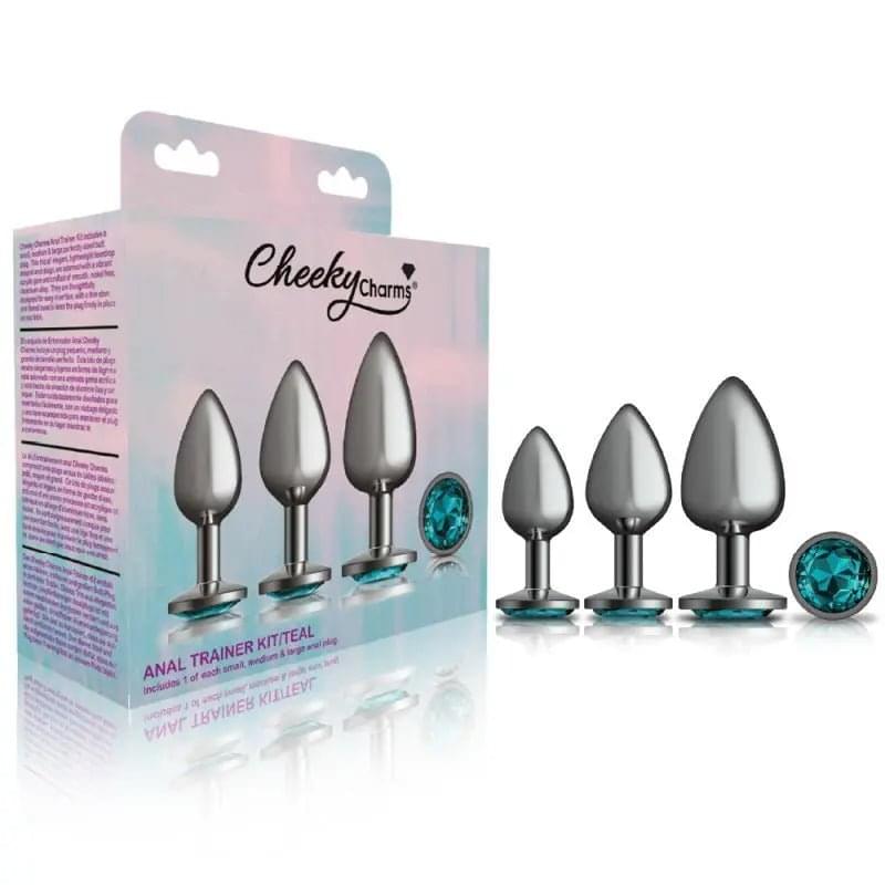 Cheeky Charms Round Metal Butt Plug Gunmetal 3 Pc Kit w Teal Jewel Cheeky Charms Discreet Intimate Essentials.