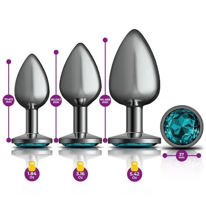 Cheeky Charms Round Metal Butt Plug Gunmetal 3 Pc Kit w Teal Jewel Cheeky Charms Discreet Intimate Essentials.