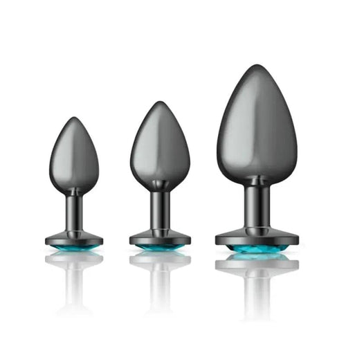 Cheeky Charms Round Metal Butt Plug Gunmetal 3 Pc Kit w Teal Jewel Cheeky Charms Discreet Intimate Essentials.