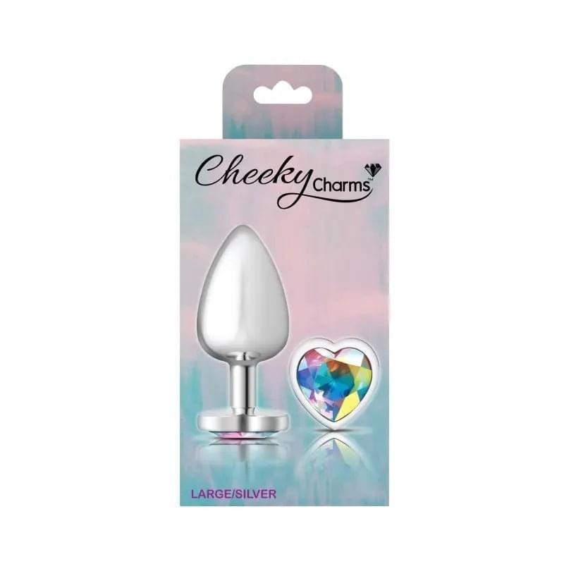 Cheeky Charms Silver Metal  Butt Plug w Heart Clear Jewel Large Cheeky Charms Discreet Intimate Essentials.