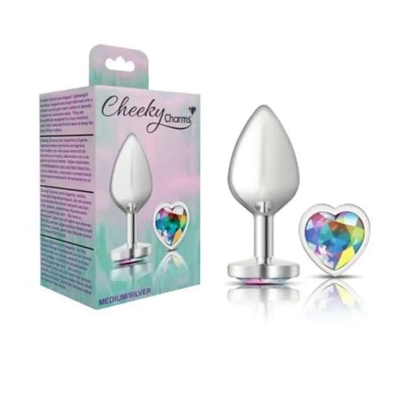 Cheeky Charms Silver Metal  Butt Plug w Heart Clear Jewel Medium Cheeky Charms Discreet Intimate Essentials.