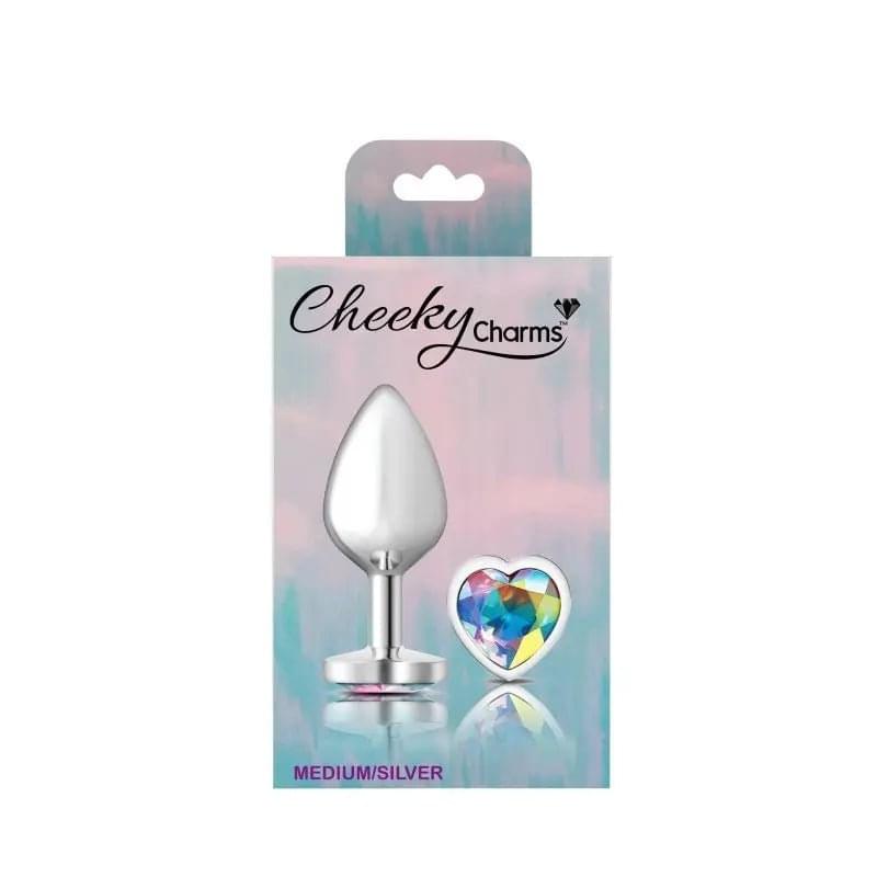 Cheeky Charms Silver Metal  Butt Plug w Heart Clear Jewel Medium Cheeky Charms Discreet Intimate Essentials.