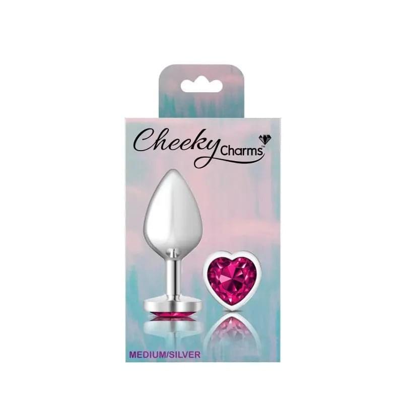 Cheeky Charms Silver Metal  Butt Plug w Heart Pink Jewel Medium Cheeky Charms Discreet Intimate Essentials.