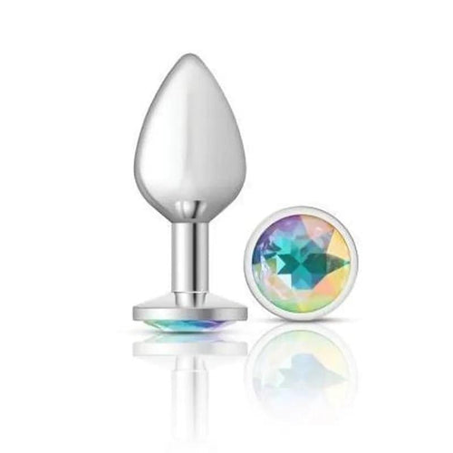 Cheeky Charms Silver Round Butt Plug w Clear Iridescent Jewel Large Cheeky Charms Discreet Intimate Essentials.