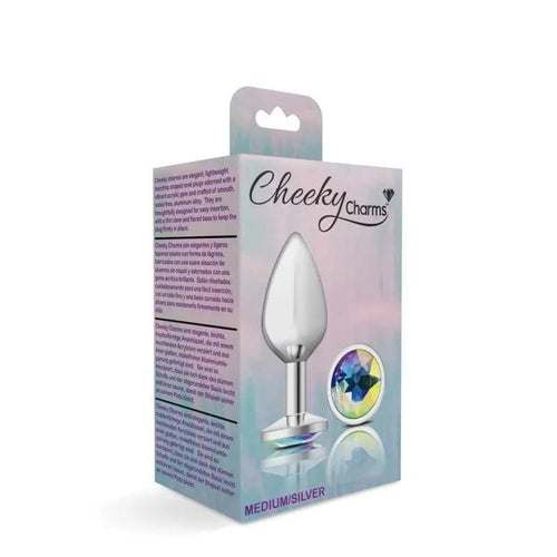 Cheeky Charms Silver Round Butt Plug w Clear Iridescent Jewel Medium Cheeky Charms Discreet Intimate Essentials.