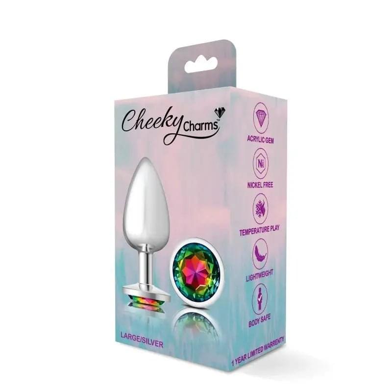 Cheeky Charms Silver Round Butt Plug w Rainbow Jewel Large Cheeky Charms Discreet Intimate Essentials.