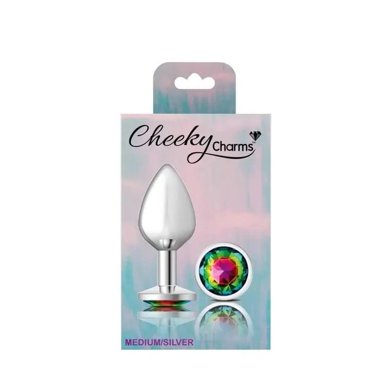 Cheeky Charms Silver Round Butt Plug w Rainbow Jewel Medium Cheeky Charms Discreet Intimate Essentials.