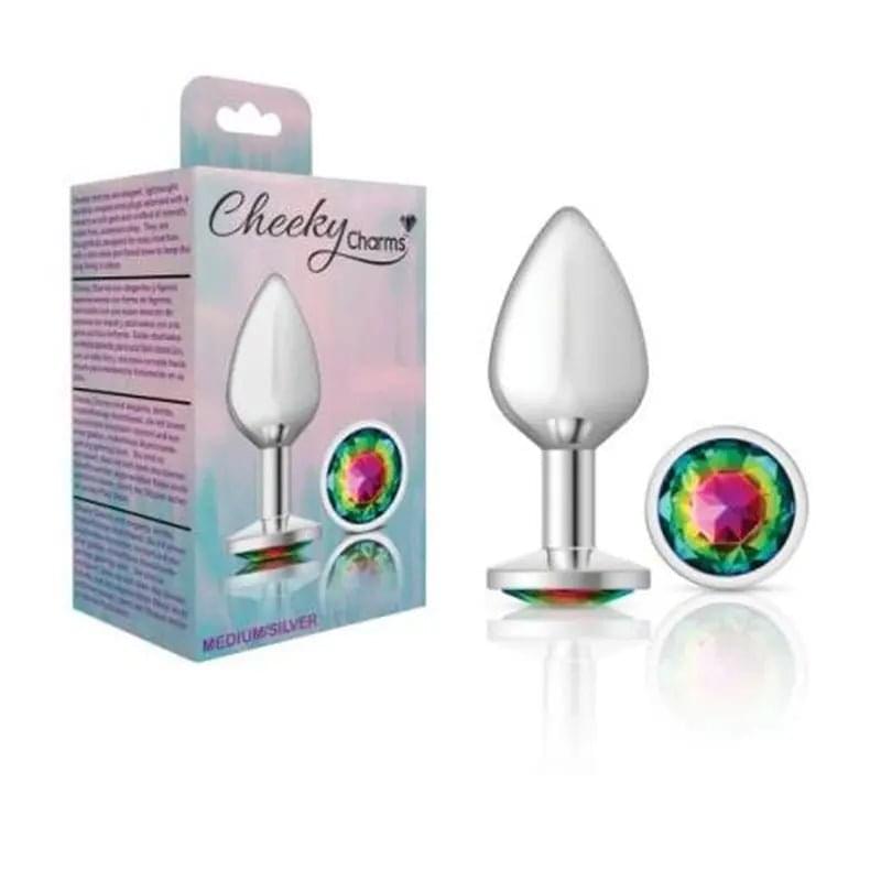 Cheeky Charms Silver Round Butt Plug w Rainbow Jewel Medium Cheeky Charms Discreet Intimate Essentials.