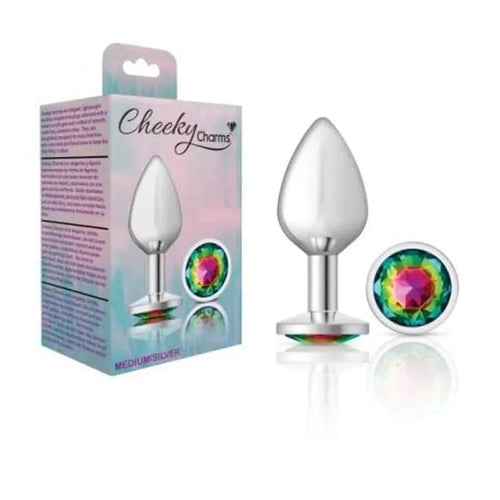 Cheeky Charms Silver Round Butt Plug w Rainbow Jewel Medium Cheeky Charms Discreet Intimate Essentials.