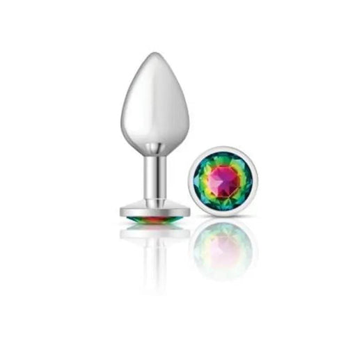 Cheeky Charms Silver Round Butt Plug w Rainbow Jewel Medium Cheeky Charms Discreet Intimate Essentials.