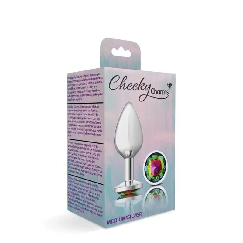 Cheeky Charms Silver Round Butt Plug w Rainbow Jewel Medium Cheeky Charms Discreet Intimate Essentials.
