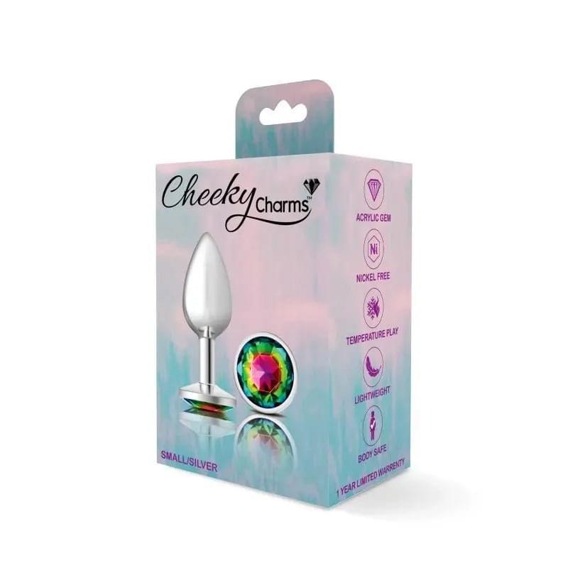 Cheeky Charms Silver Round Butt Plug w Rainbow Jewel Small Cheeky Charms Discreet Intimate Essentials.