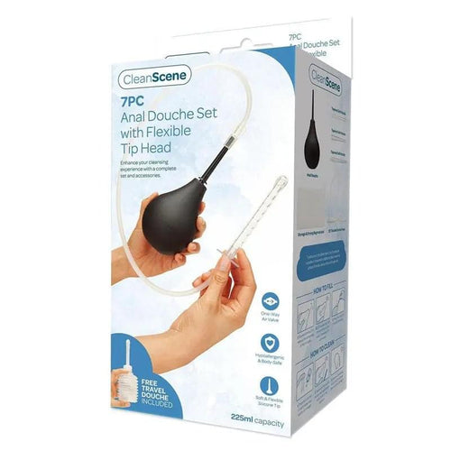 CleanScene 7 Piece Anal Douche Set with Flexible Tip Head - 225 ml Capacity with Free Travel Douche Included Xgen Products Discreet Intimate Essentials.