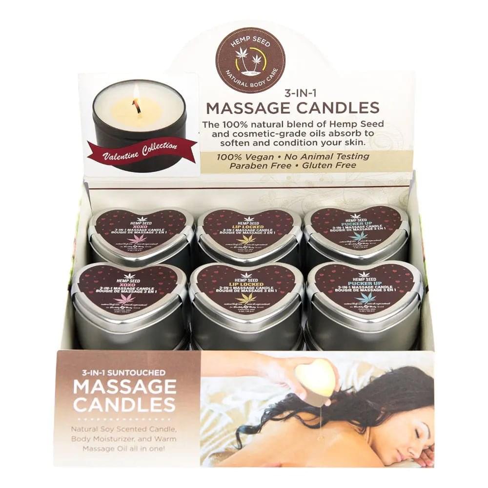 EB Hemp Seed Lovers Heart Candle Display - Counter Display of 12 and Tester Earthly Body Discreet Intimate Essentials.