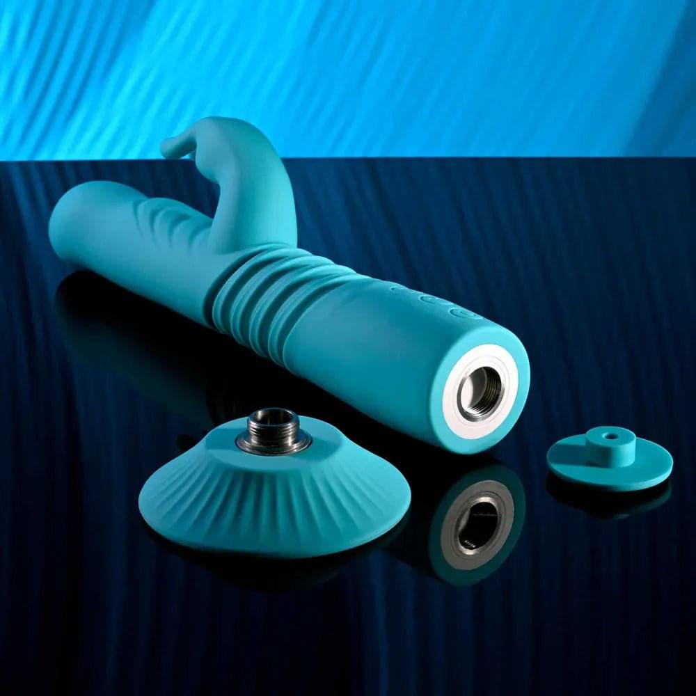 Evolved BUNNY HOP - Teal 25.1 cm USB Rechargeable Thrusting Rabbit Vibrator with Suction Base Evolved Discreet Intimate Essentials.