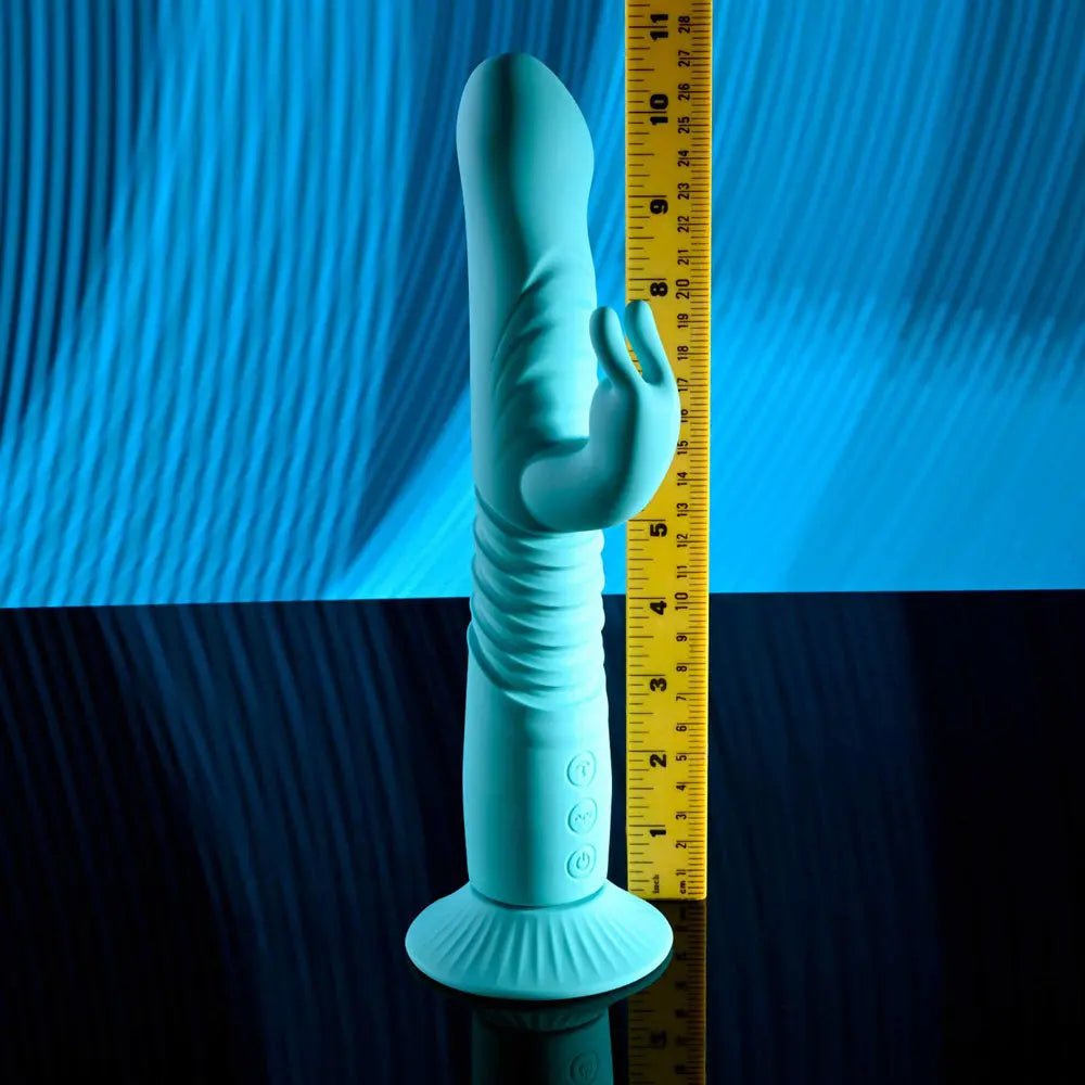Shop affordable quality Evolved BUNNY HOP - Teal 25.1 cm USB Rechargeable Thrusting Rabbit Vibrator with Suction Base - Discreet Intimate Essentials - VIBRATORS - Evolved