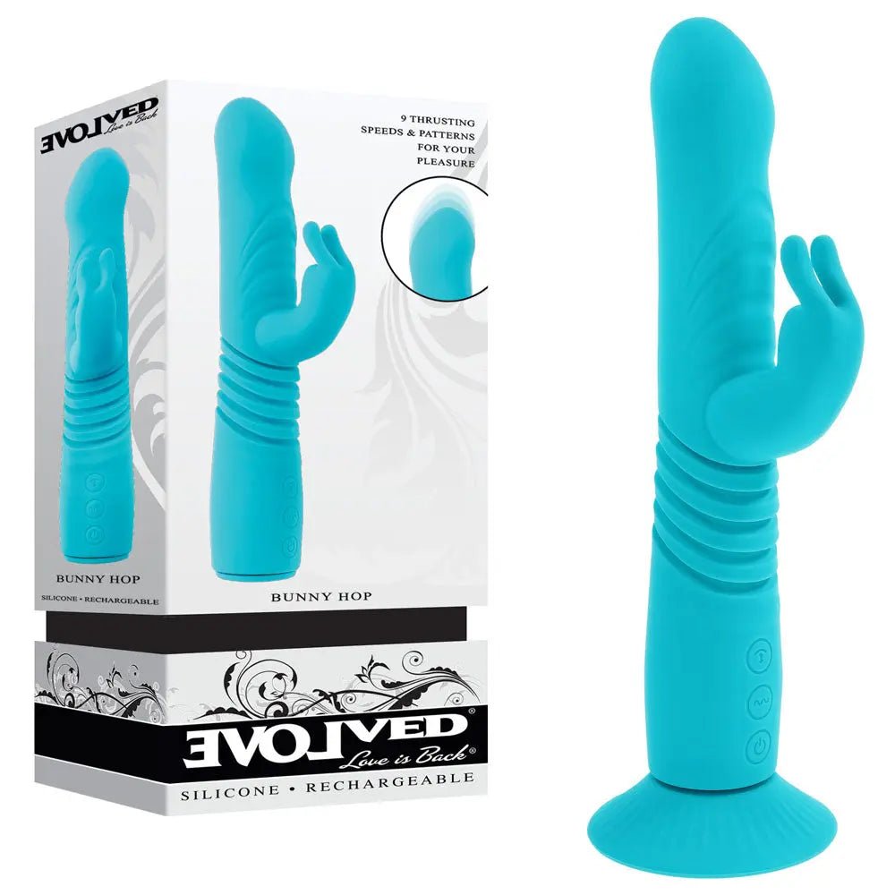Shop affordable quality Evolved BUNNY HOP - Teal 25.1 cm USB Rechargeable Thrusting Rabbit Vibrator with Suction Base - Discreet Intimate Essentials - VIBRATORS - Evolved