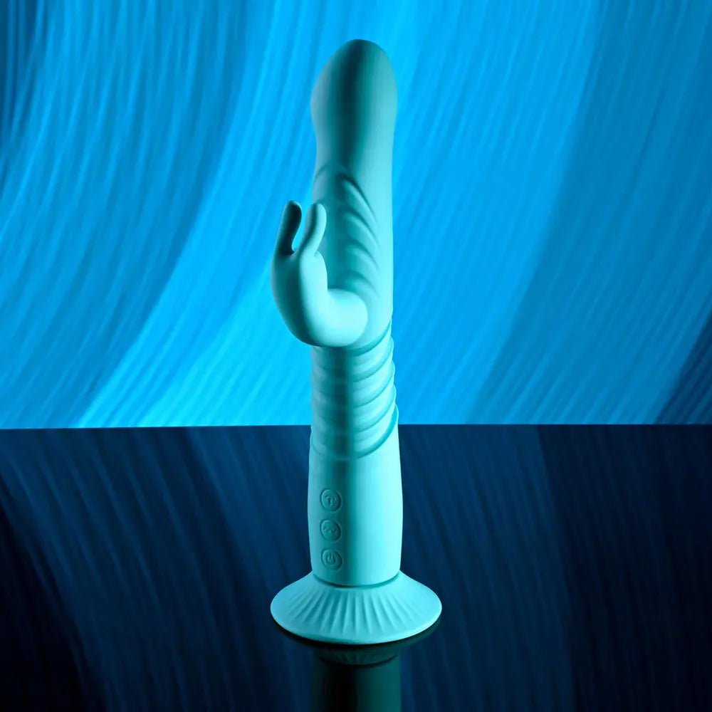 Shop affordable quality Evolved BUNNY HOP - Teal 25.1 cm USB Rechargeable Thrusting Rabbit Vibrator with Suction Base - Discreet Intimate Essentials - VIBRATORS - Evolved