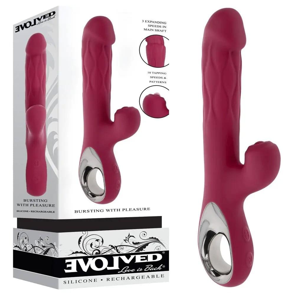 Evolved BURSTING WITH PLEASURE -  25.4 cm USB Rechargeable Vibrator with Tapping Clitoral Stimulator Evolved Discreet Intimate Essentials.