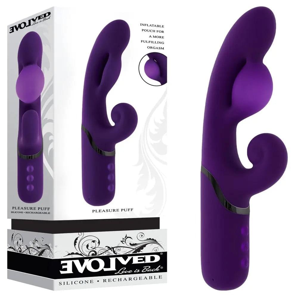 Evolved PLEASURE PUFF -  24.1 cm USB Rechargeable Inflatable Rabbit Vibrator Evolved Discreet Intimate Essentials.