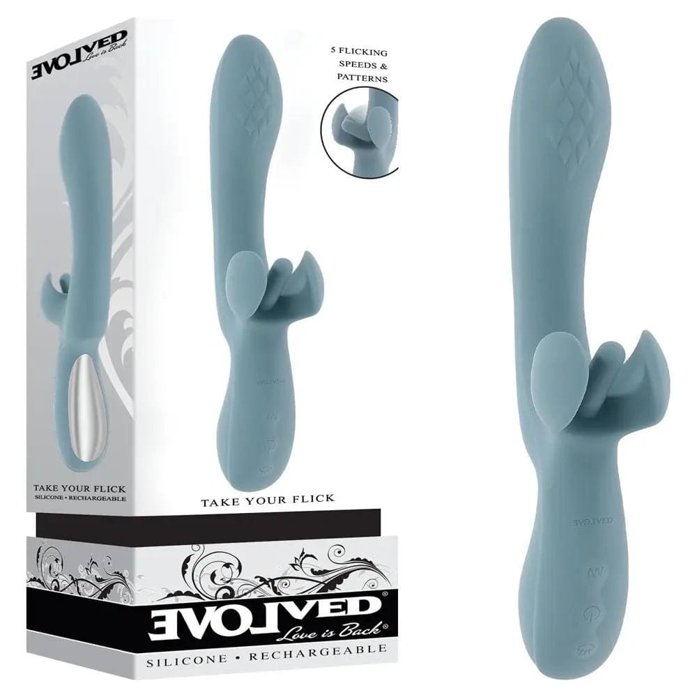 Evolved TAKE YOUR FLICK - Grey 24.1 cm USB Rechargeable Vibrator with Flicking Clitoral Stimulator Evolved Discreet Intimate Essentials.