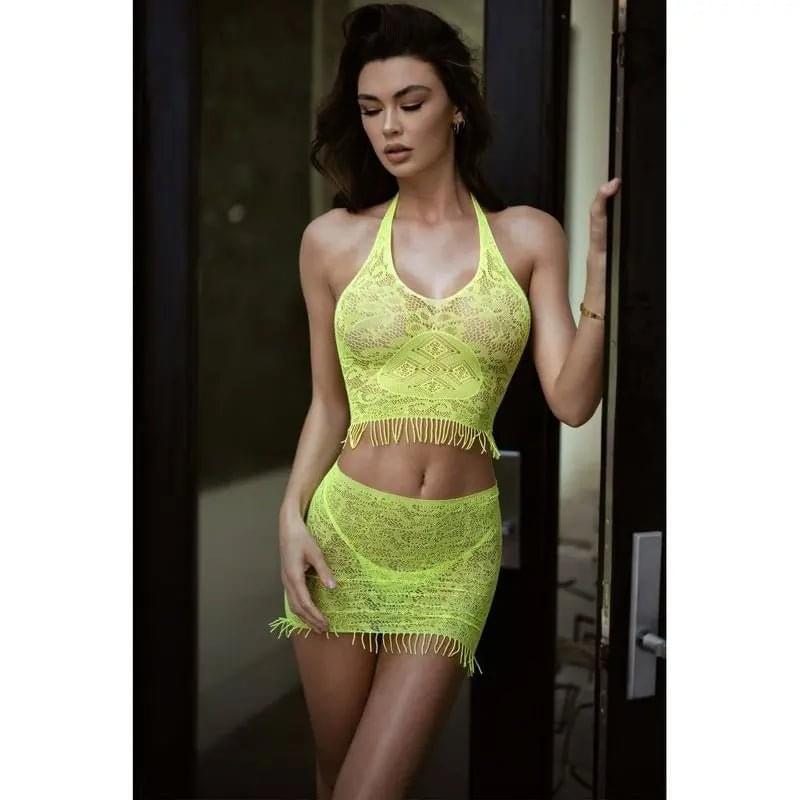 Eyelash Lace 3 Pc Crop, Skirt and Thong Neon Yellow Killer Legs Discreet Intimate Essentials.