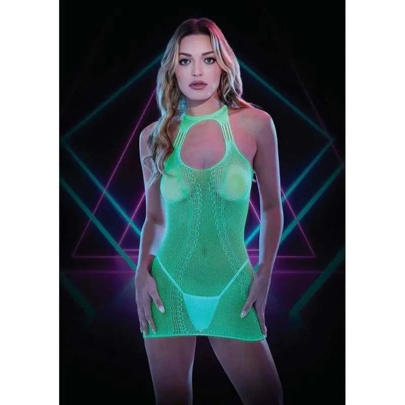 Glow In The Dark Fishnet High Neck Mini Dress Lapdance Discreet Intimate Essentials.