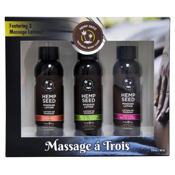 Shop affordable quality Hemp Seed Massage A Trois - Scented Massage Lotion Kit - 3 Bottle Set - Discreet Intimate Essentials - LOTIONS & LUBES - Earthly Body