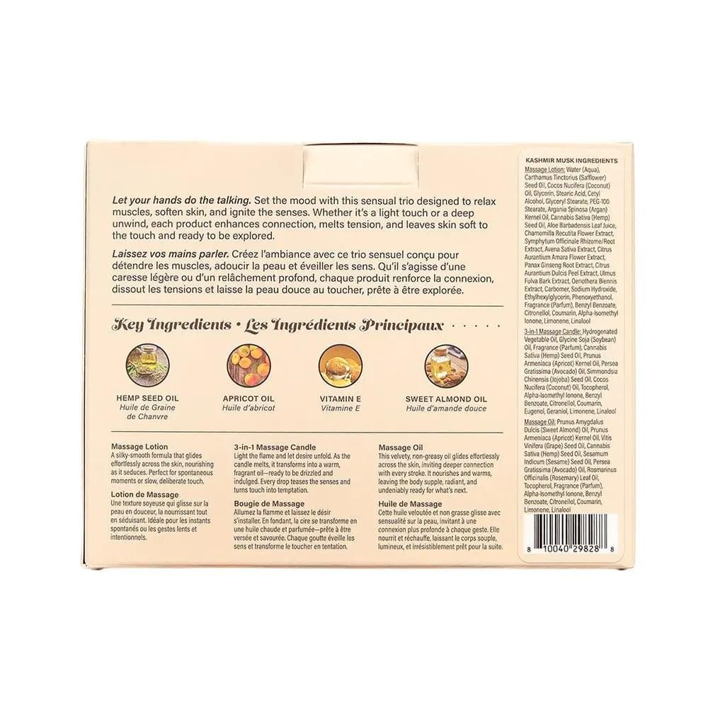 Hemp Seed Tranquility Trio - Kashmir Musk - Kashmir Musk Scented Massage & Caress Kit - 3 Piece Kit Earthly Body Discreet Intimate Essentials.