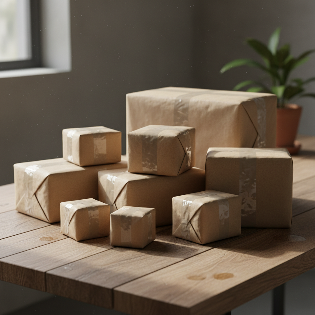 A collection of variously sized brown packaging boxes on a wooden table, ideal for shipping or storing items.