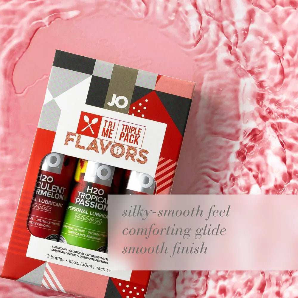 Shop affordable quality JO Tri-Me Triple Pack Flavours Gift Set - Strawberry, Watermelon and Tropic Passion Flavoured Lubes - 3 Pack - Discreet Intimate Essentials - LOTIONS & LUBES - JO
