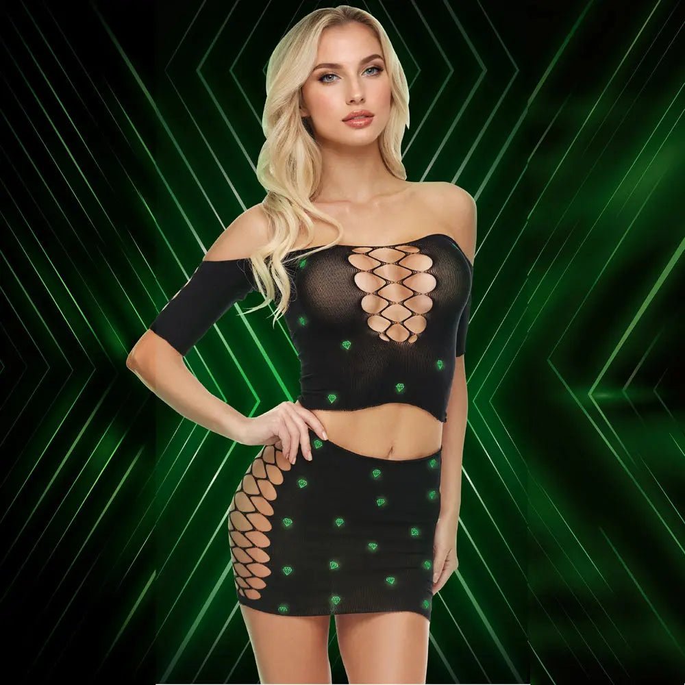 Shop affordable quality LAPDANCE Diamond Crop Top & Skirt Set - OS - with Glow in Dark Pattern - One Size - Discreet Intimate Essentials - LINGERIE & BODY WEAR - XGEN Products