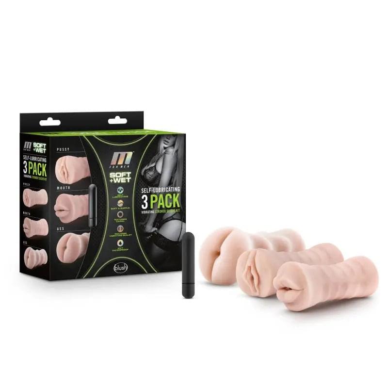 M For Men 3-Pack Self-Lubricating Vibrating Strokers -  Vibrating Strokers - 3 Pack Blush Novelties Discreet Intimate Essentials.
