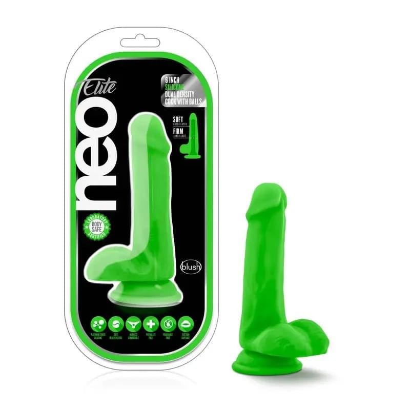 Neo Elite 6in Silicone Dual Density Cock with Balls Neon Green Neo Elite Discreet Intimate Essentials.