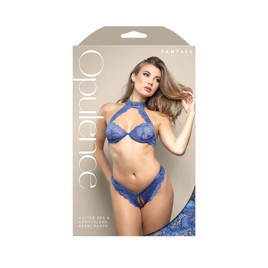 OPULENCE Halter Bralette & Crotchless Pearl Panty ML - Royal  - M/L Size Fantasy Lingerie Discreet Intimate Essentials.