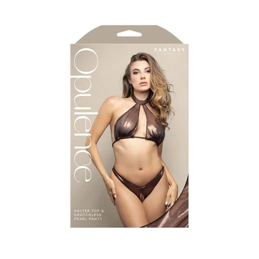 OPULENCE Halter Top & Crotchless Pearl Panty SM - Chocolate - S/M Size Fantasy Lingerie Discreet Intimate Essentials.