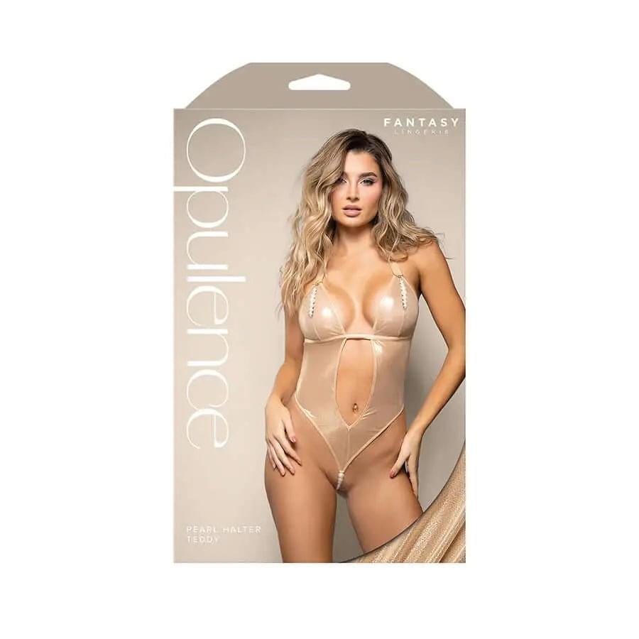 OPULENCE Pearl Halter Teddy - Gold - Gold - S/M Size Fantasy Lingerie Discreet Intimate Essentials.