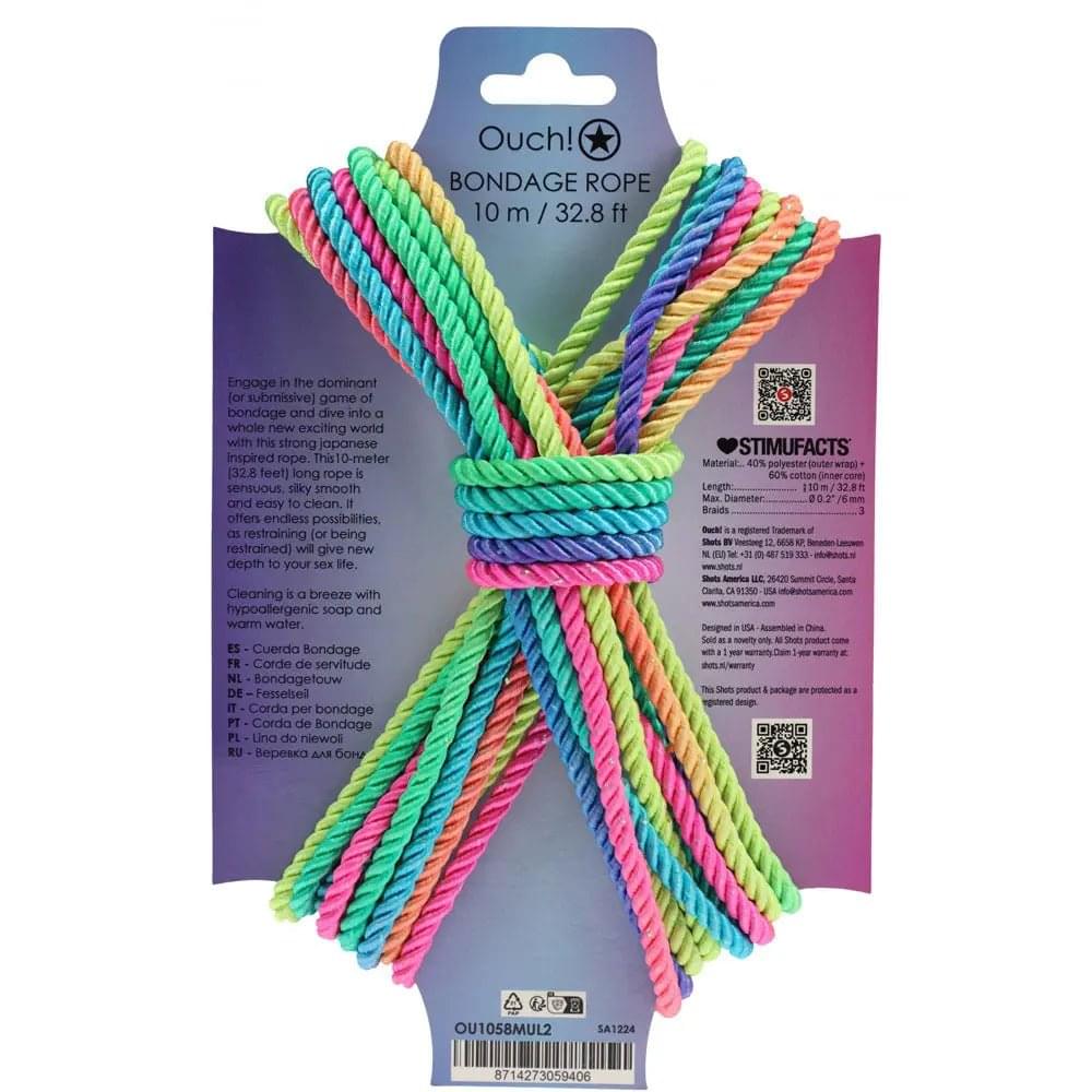 OUCH! Bondage Rope - 10 M - Multicolour 2 - Multicoloured Nylon Bondage Rope - 10 metre Length Shots Toys Discreet Intimate Essentials.