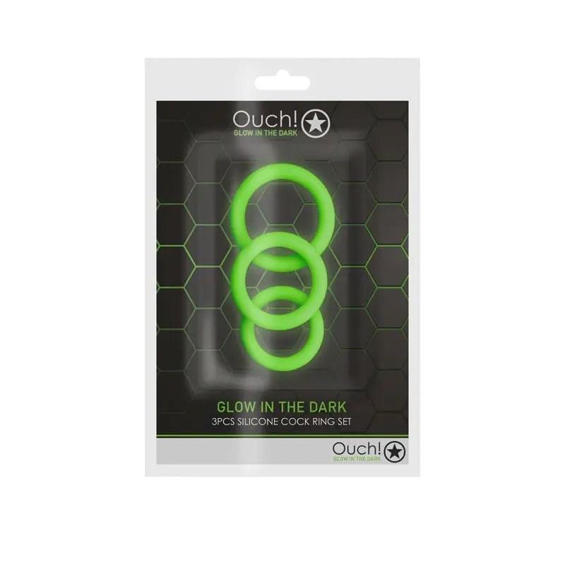 OUCH! Glow In The Dark Cock Ring Set - Glow in Dark Cock Rings - Set of 3 Sizes Shots Toys Discreet Intimate Essentials.