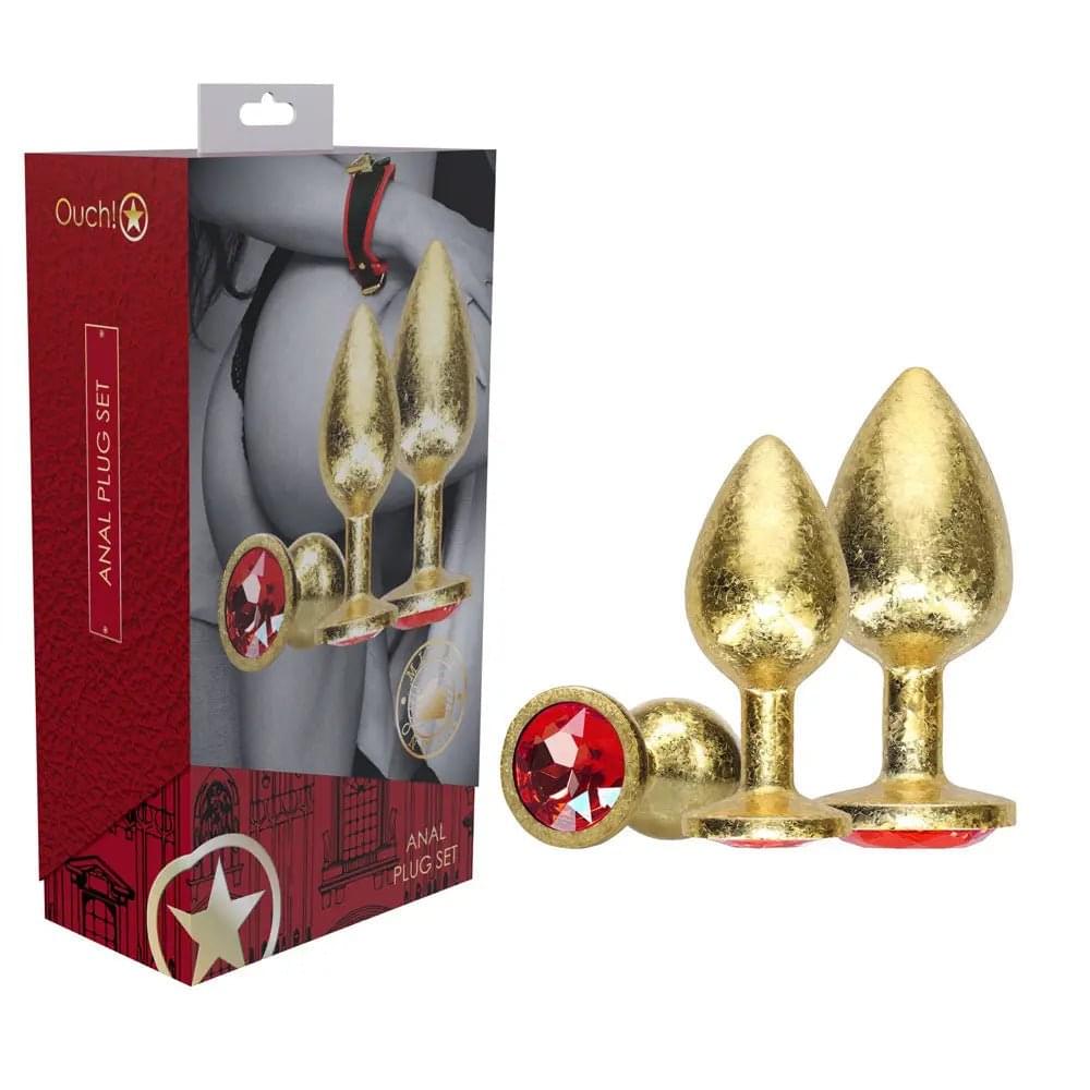 OUCH! Milan Collection - Metal Anal Plug Set - Gold - Gold Butt Plugs with Gem Bases - Set of 3 Sizes Shots Toys Discreet Intimate Essentials.