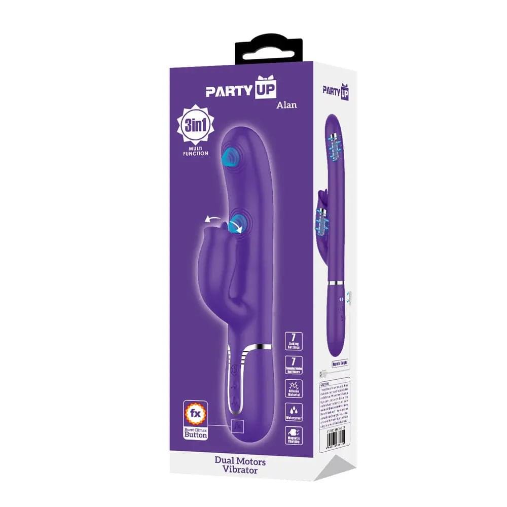 Party Up ALAN Dual Motor Vibrator -  -  22.8 cm USB Rechargeable Vibrator with Licking Clit Stimulator and Thumping Shaft Party Up Discreet Intimate Essentials.