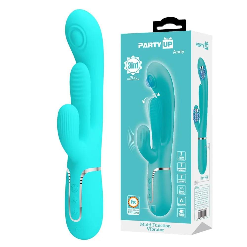 Party Up ANDY Multi Function Vibrator - Teal - Teal 22.2 cm USB Rechargeable Rabbit Vibrator with Flicking and Thumping Tip Party Up Discreet Intimate Essentials.