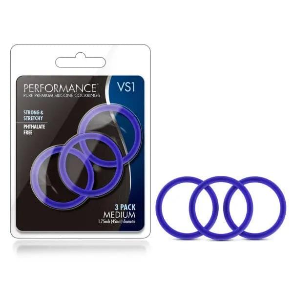 Performance VS1 Pure Premium Silicone Cockrings - Indigo  Medium Cock Rings - Set of 3 Blush Novelties Discreet Intimate Essentials.