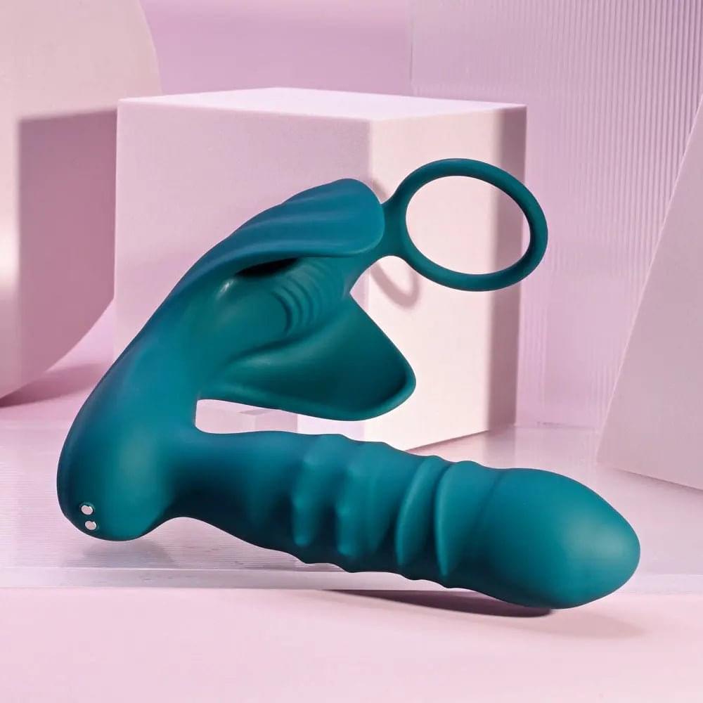 Playboy Pleasure BRING IT ON - Teal USB Rechargeable Thrusting Anal Plug with Cock Ring Playboy Pleasure Discreet Intimate Essentials.