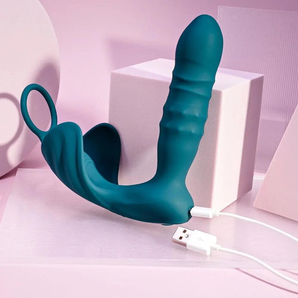 Playboy Pleasure BRING IT ON - Teal USB Rechargeable Thrusting Anal Plug with Cock Ring Playboy Pleasure Discreet Intimate Essentials.