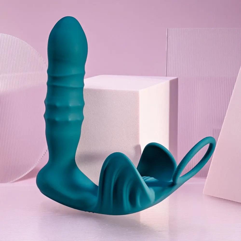 Playboy Pleasure BRING IT ON - Teal USB Rechargeable Thrusting Anal Plug with Cock Ring Playboy Pleasure Discreet Intimate Essentials.